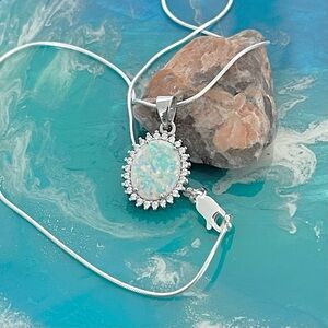 Sterling Silver White Lab Opal and CZ Necklace, October Birthstone Necklaces